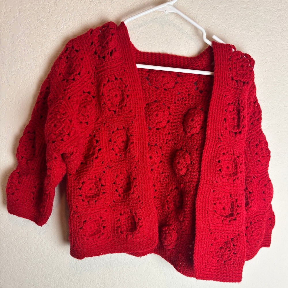 Handmade Red Crochet Granny Square Cardigan Open Front Boho Sweater Women M/L/XL